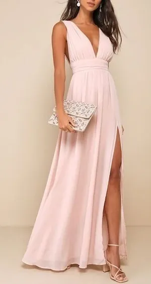 Lulus Heavenly Hues Blush Pink‎ Pleated V Neck Maxi Dress Formal Event Size S thumbnail 1