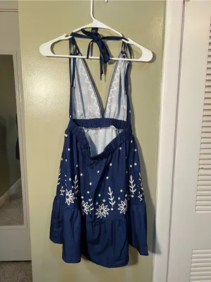Women’s Sz Medium Floral Print Plunging Mini Dress Blue White Floral Halter Neck thumbnail 9