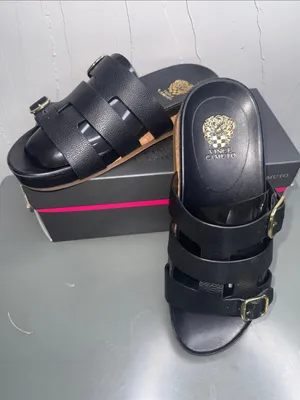 Vince Camuto Freida Black Leather Double Buckle Slide Mules thumbnail 2