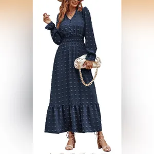 NWT MASCOMODA Navy Swiss Dot Maxi Dress Smocked Waist V-Neck Tiered Size Large thumbnail 3