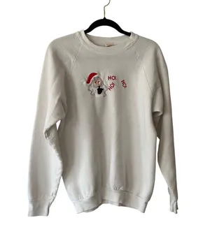 Vintage Santa Sweatshirt "Ho! Ho! Ho!" Ugly Christmas Sweater XL White READ thumbnail 3