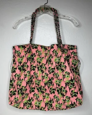 Volcom 2000s Pink Green Floral Large Tote Bag‎ Chain Handles Hobo Beach Casual thumbnail 1