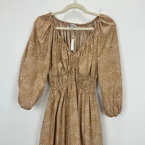 Madewell V Neck Balloon Sleeve Maxi Dress Spiral Dot Tan Smocked Boho US 00 NWT thumbnail 8