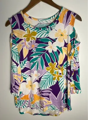 Palm Grove Wm M Cold Shoulder Tropical Floral Top Purple Green 3/4 Sleeve Resort thumbnail 1
