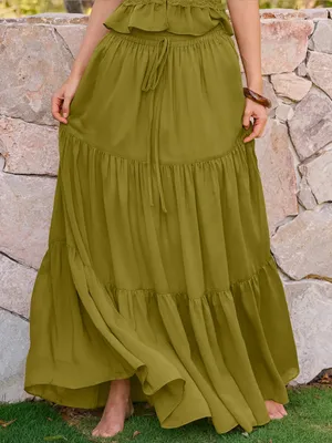 Rihoas Green Elastic Waist Chiffon Maxi Skirt thumbnail 1