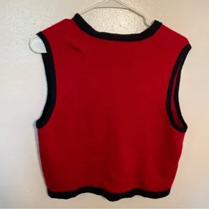 Vintage Talbots Women's Size Medium Sweater Vest Red Navy Blue Pockets 100% Wool thumbnail 7