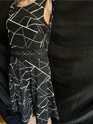 Owin Women’s Black & White Geometric Fit-&-Flare Dress Floral Lace Waist LG NWT thumbnail 3