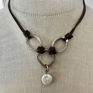 Silpada Sterling Silver & Leather Coin Pearl Necklace thumbnail 1