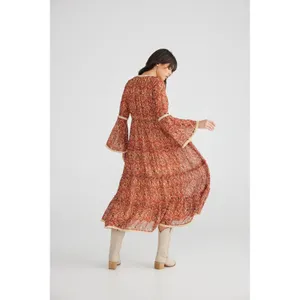 Talisman Boho Maxi Dress XL‎ Orange Terracotta Paisley Bell Sleeve Festival Gown thumbnail 3