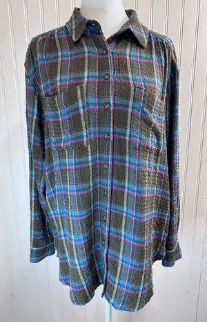 Antropologie Pilcro Women Olive Plaid Shirt with Blue Stripes Size S. thumbnail 1