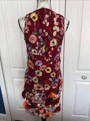 Nina Leonard Burgundy Floral Embroidered Midi Dress thumbnail 6