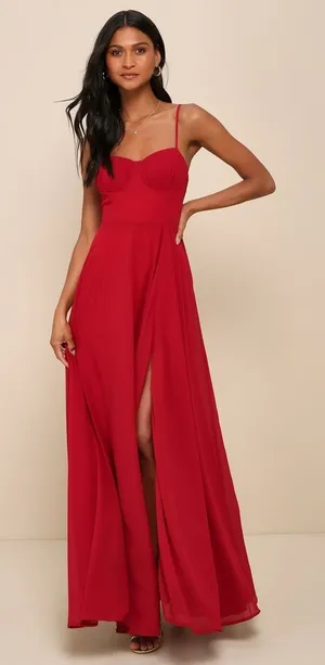 NWT Lulus Cause for Commotion Red Pleated Bustier Maxi Dress Gala Banquet Size S thumbnail 1