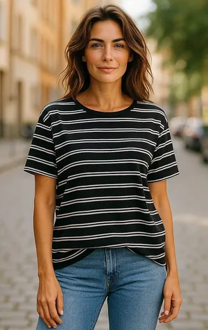 LuLaRoe Womens Top Size XXS Black White‎ Striped Irma Tunic Shirt thumbnail 1
