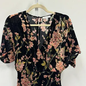 Lucy Paris‎ Black Floral Velvet Burnout Faux Wrap Midi Dress Pink Flowers Small thumbnail 3