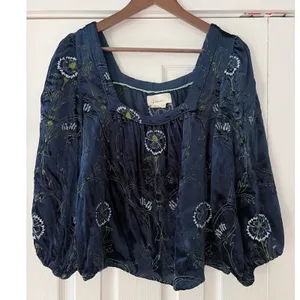 Anthropologie Navy Blue‎ Velvet Floral Embroidered Square Neck Blouse M thumbnail 4