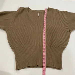 Free People Ribbed Knit V Neck Sweater XS Tan Fitted Cropped Boho thumbnail 6