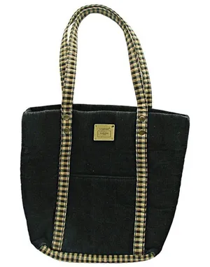 Longaberger Corduroy Plaid Tote Bag Purse Black Tan Khaki Check Homestead 9.5x10 thumbnail 1