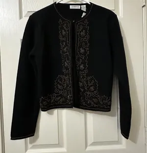 Vintage Black 100% Merino Wool Cardigan Sweater Sz M Medium Beaded thumbnail 1