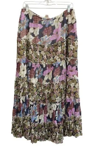 Christopher & Banks Vintage Floral Tiered‎ Flowy Maxi Skirt Purple Boho Chiffon Artsy Whimsical thumbnail 1