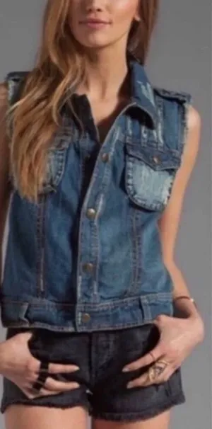 Free People | "Moody Macrame" distressed denim vest with a crochet back, size XS thumbnail 1