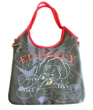 Ed Hardy Panther Tattoo Tote Bag Black Red Shoulder Purse Built-In Zip Pouch thumbnail 1