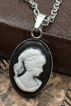 Black White Cameo Necklace Vintage Gothic Pendant 18” Chain thumbnail 1