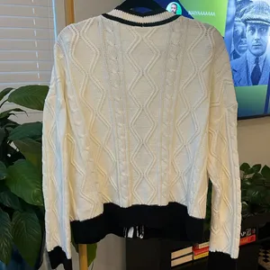 Dazy Less cable knit cardigan/sweater off white with black trim thumbnail 2