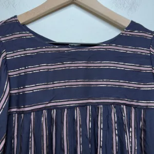 Anthropologie‎ Women Cotton Cameron Tie Sleeve Blouse XS Navy Gold Striped Top thumbnail 2
