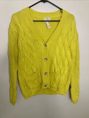 St. John's Bay Neon Yellow Cable Knit V-Neck Cardigan S thumbnail 1