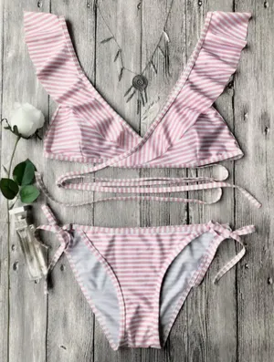 pink striped ruffles wrap bikini Size M thumbnail 2