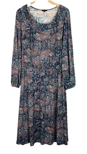 TALBOTS Teal‎ Paisley Stretch Shirred Blouson Midi Dress Size L Large Classic thumbnail 1