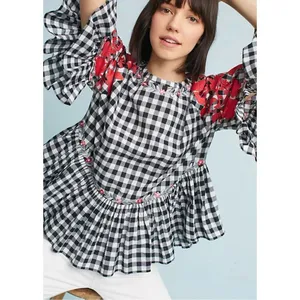 Anthropologie Pankaj & Nidhi checkered gingham embroidered floral swing blouse s thumbnail 12