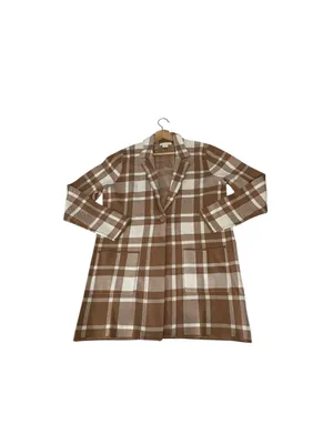 Christian Siriano Women L Plaid Knit Blazer Tan Cream Longline Preppy Office thumbnail 4