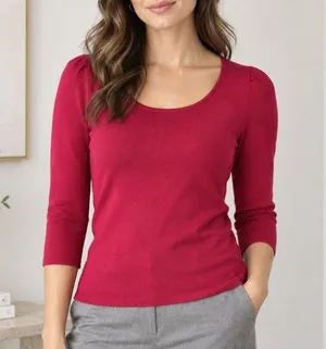 Ann Taylor Top Small Raspberry Pink 3/4 Sleeve Scoop Neck Knit Puff Shoulder thumbnail 1