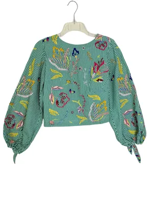 Anthropologie Maeve Embroidered Blouse Green Stripe Size XS thumbnail 4