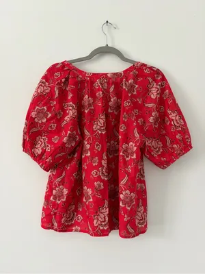 MNG Mango Red Paisley Floral Square Neck Elbow Balloon Sleeves Cotton Linen Top thumbnail 6