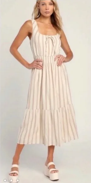 Lulu's Cream and Beige Striped Tie-Front Midi Dress size M thumbnail 1