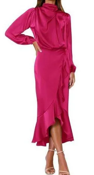 NEW Satin Mock Neck Cocktail Midi Dress Wrap Ruched Ruffle M thumbnail 1