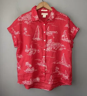 Cynthia Rowley Linen Top Size Small Red Button Up Shirt Sailboat Ibiza Style thumbnail 1