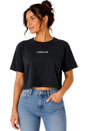 Lunalae‎ Black Cropped Graphic Dance Fitness T Shirt Short Sleeve 4 thumbnail 1