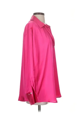 Zara Hot Pink Satin Button-Down Blouse Wide Cuffs Size Medium🎀 thumbnail 7