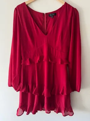 Francesca’s Trixxi Red Long‎ Sleeve Layered Ruffle V Neck Dress thumbnail 1