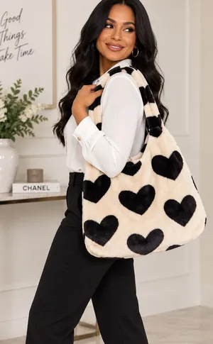 Faux Fur Heart Tote Bag - Black Hearts on Cream thumbnail 1