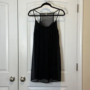 Black Chiffon Mini Dress Mesh Racerback Spaghetti Strap Babydoll L Casual Chic thumbnail 2