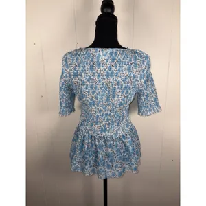Anthropologie Maeve Ashton smocked peplum top blue‎ floral thumbnail 2