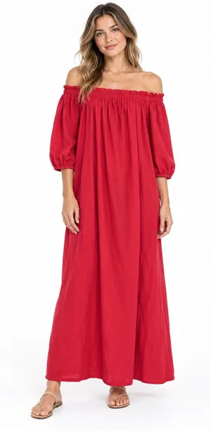 OShopLive Red Off Shoulder Maxi Dress Puff Sleeve NWT Women’s Large 100% Cotton thumbnail 1