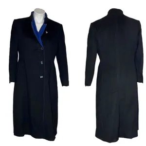 JULES MILLER Black Coat Blue Collar Lapel Fully Lined Midi Length VINTAGE thumbnail 13