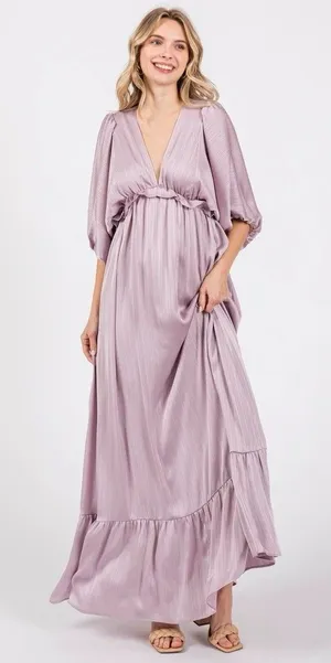 Vanilla Bay maternity long lilac V-neck pleated dress, size S thumbnail 1
