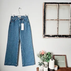 Wide Leg Blue Patterned Jeans - Women's Flare & Wide Leg thumbnail 6