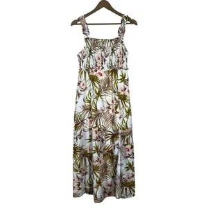 Love Tree Tropical Floral Maxi Dress White Palm Leaf Smocked Boho Size L thumbnail 2